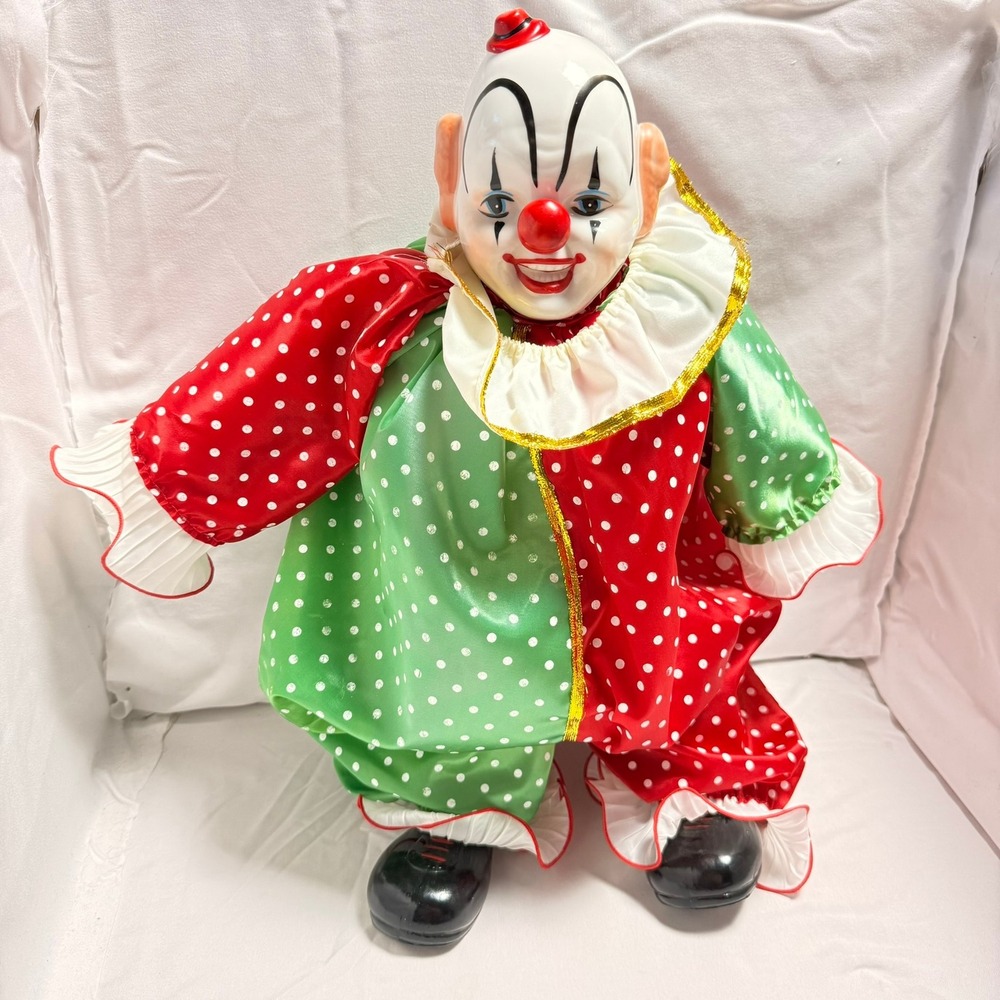 Vintage Porcelain Clown Doll Red Green Polka Dot Satin Suit Ruffle‎ Collar 12"